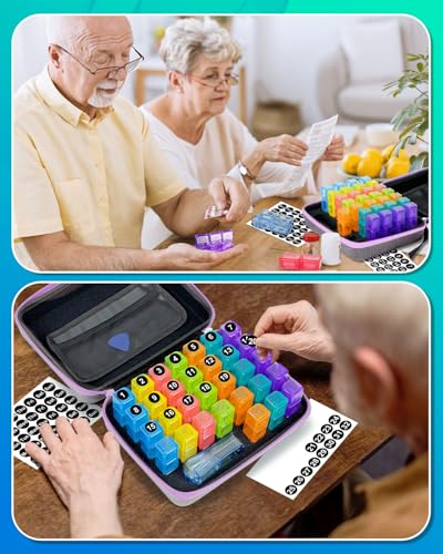 Image of Monthly Pill Organizer 3 Times a Day with Weekly Pill Bags, Portable Hard Shell Case, Pill Cutter & Opener Pick, Monthly and Weekly Stickers for Medication Management (Purple, 3 Times a Day)