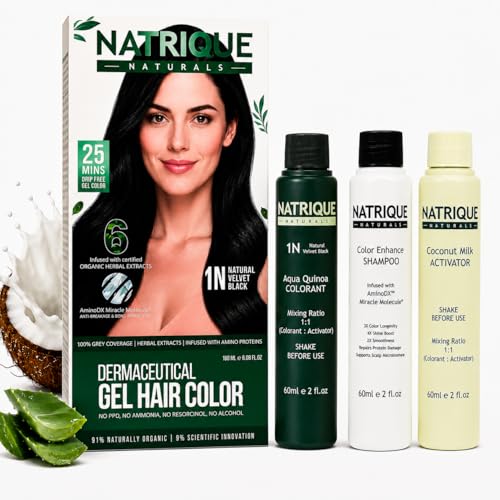 Image of Naturals Gel Hair Color with Amino Peptide Bond-Repair Technology | Ammonia, PPD & Paraben Free | 6 Herbal Extracts | 100% Grey Coverage | pH Balanced | 180gm | Natural Velvet Black 1N