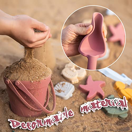 Garnome 9Pcs Silicone Beach Toys, Beach Toys With Sand Bucket, Shovel, 6 3D Marine Theme Molds And Portable Mesh Beach Bag, Outdoor Sandbox Toys Set For Toddlers, Kids 3-8 (Purple Pink) #TOP1