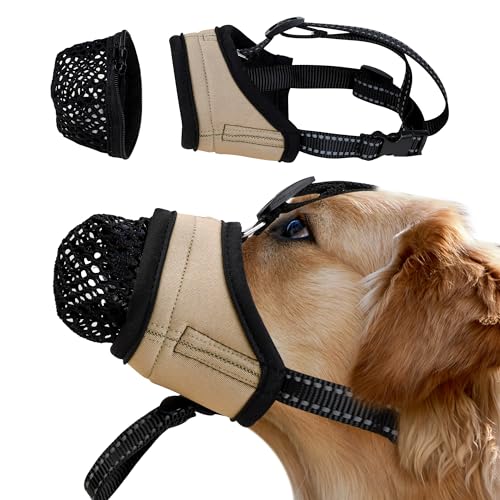 Leekalos Dog Muzzle Anti Biting Barking Chewing,Air Mesh Breathable Drinkable Soft Adjustable Loop Pets Muzzle with Removable Mesh Covering Breathable for Small Medium Large Dog (XL, Light Coffee)
