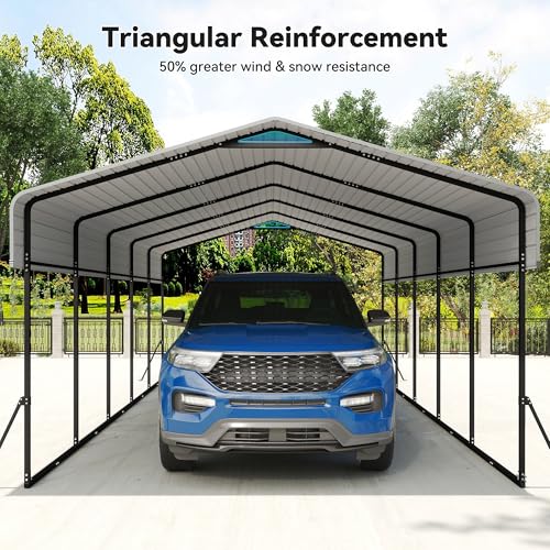 Image of 13x26FT Metal Carport,Heavy Duty Carport with Reinforced Frame and Galvanized Steel Roof, Large Outdoor Garage Shelter Shade Car Port for Pickup Trucks, Boats, Cars & Tractors, Farm Tools, Party,Gray