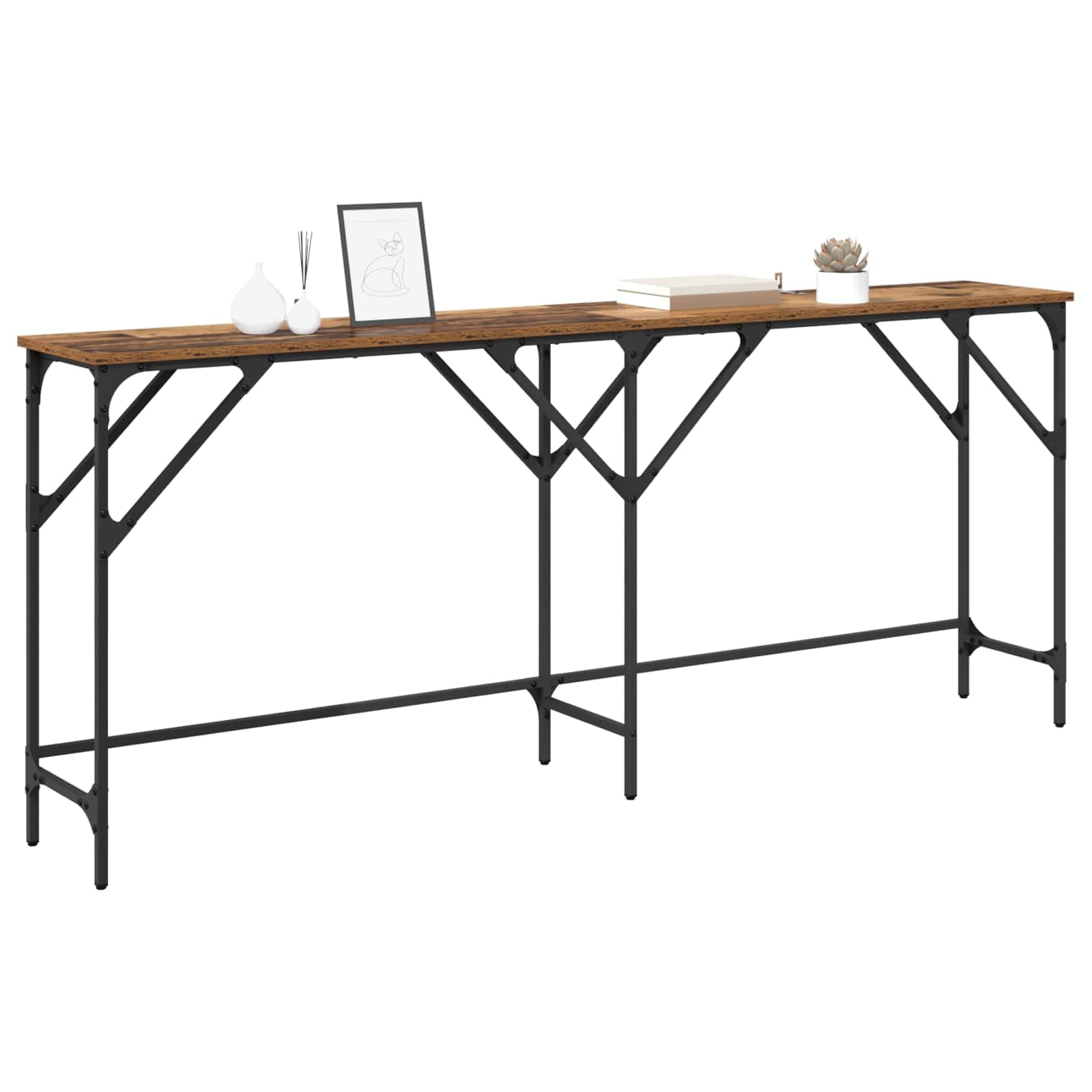 Stolik konsolowy, stare drewno, 180 x 30 x 75 cm, materiał drewnopochodny ze stalową ramą, regulowane nóżki do salonu, korytarza, uniwersalny stolik pomocniczy, stolik do odkładania rzeczy w