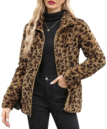 For G and PL Damen-Fleecejacke, langärmelig, durchgehender Reißverschluss, weich, warm, Leopard, Small