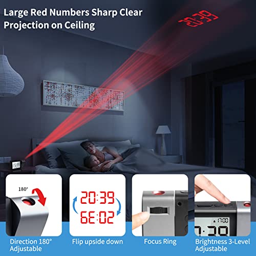 Image of Projection Alarm Clock for Bedroom: Digital LCD Clock with Temperature Date Snooze 12 /24H and Weekend Mode, Easy Set Dimmer Clock with 2-Levels Volume, Mains and Battery Operated