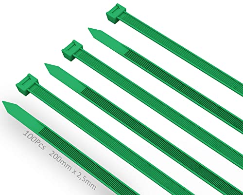 Bridas Plastico Verdes 200mm x 2,5mm 100 Piezas, Nailon Plástico de Alto Rendimiento Brida, Resistentes a los Rayos UV Bridas Cables de Nylon Autoblocantes para Horticultura Redes de Jardín Domésticas Cover