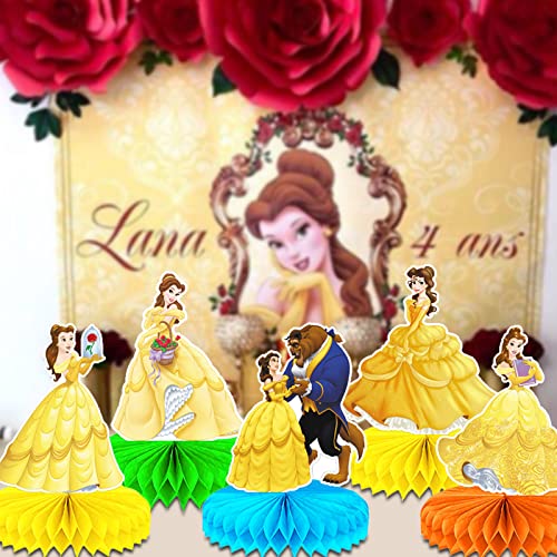 Princess Belle Birthday Party Decorations, 7Pcs Beauty And The Beast Theme Honeycomb Centerpieces Cake Toppers, 3D Double-Sided Table Toppers For Princess Belle Party Supplies #TOP5