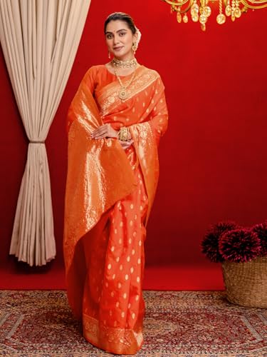 Image of SIRIL Women's Banarasi Jacquard Soft Silk Kanjeevaram Saree with Unstitched Blouse Piece