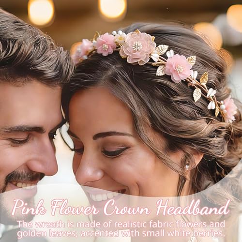 MEMOVAN Pink Flower Crown Headband Rose Floral Headpiece Adjustable with Gold Leaf Bohemian Fairy Flower Renaissance Hair Wreath Accessory for Girls Women Birthday Wedding Party Photo Props - Thumbnail 5