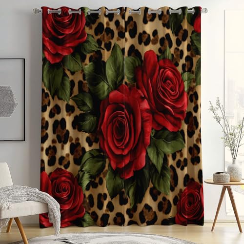 Cortinas Opacas con Aislamiento térmico, Estampado De Leopardo Animal Cortinas con Rosas Rojas Retro Estampadas, 140 x 245 cm (2 Paneles) para Dormitorio Salon Habitacion Cortinas de Casa con Ojales
