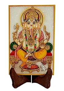 Purpledip Marble Painting Ganesha: Hand Painted Tile with Gold Work, 6x4 Inches (12089)