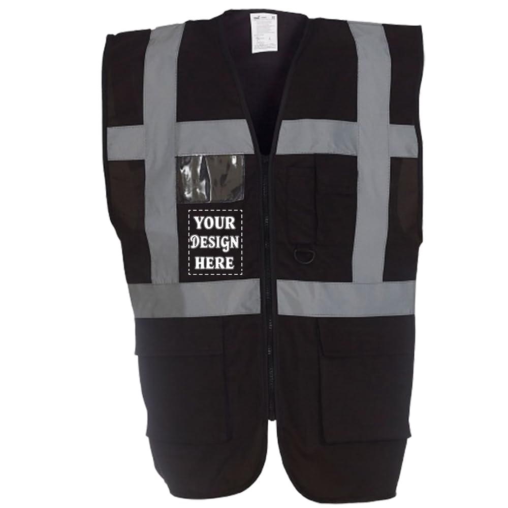 D&T Personalised Hi-Vis Reflective Vest with Zipper and Pockets – High Visibility Safety Waistcoat – Unisex Polyester Workwear (UK, Alpha, 4XL, Regular, Regular, Black)