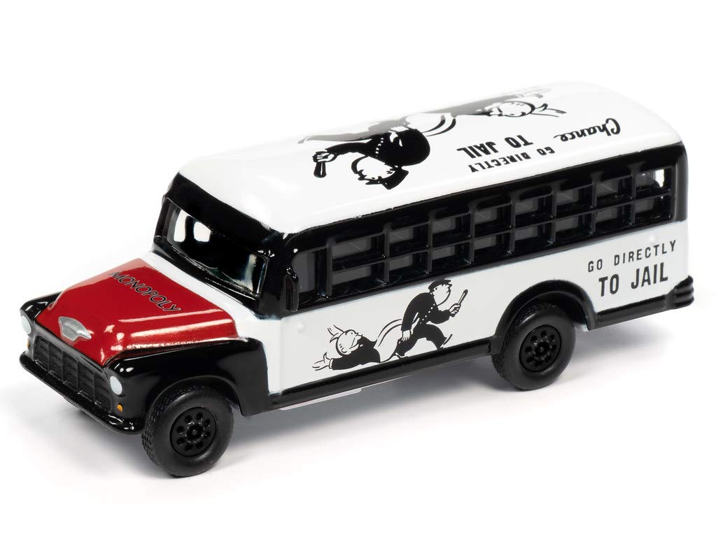 Johnny Lightning Monopoly Chevrolet School Bus & Token (White/Black) 1:64 Scale Die-Cast Model Car