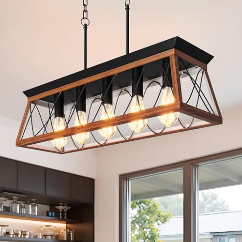 DWVO 5-Light Pendant Lights Island Fixture, Farmhouse Rustic Rectangular Chandelier for Dining Room, Kitchen, Living Room, Entryway