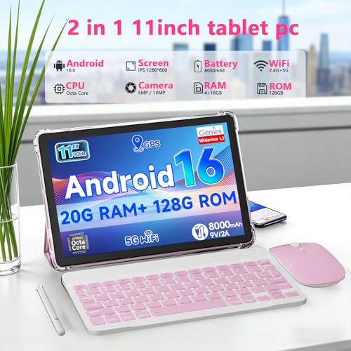 Image of PEICHENG Tablet 11-inch Android 16 with Octa-core Processor, 18GB RAM 128GB ROM, 8000mAh All-Day Battery Life, 1280X800 HD IPS Touchscreen, 5MP+13MP Dual Cameras (Pink)