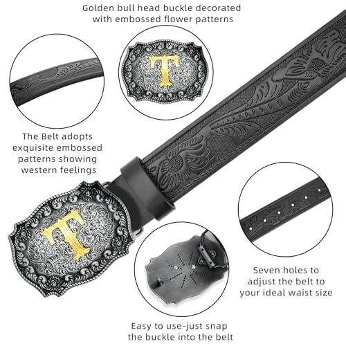 Image of Mens Western Cowboy Cowgirl Faux Leather Belt Longhorn Bull Pattern Letter Big Buckle Embossed Floral Belts