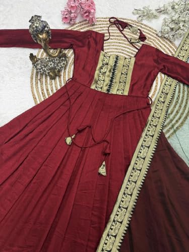 Image of Elegant Vichitra Silk Gown with Jacquard Zari Border - Includes Soft Net Dupatta with Lace Trim - Parrty Wear Ethnic Dress for Women & Girls