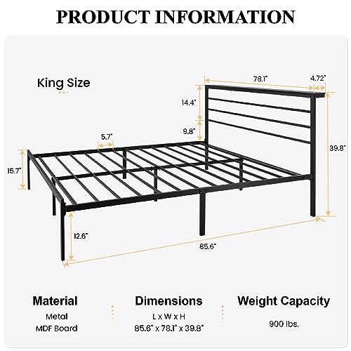SHA CERLIN King Size Bed Frame with Headboard Shelf and Strong Metal Foundation, No Box Spring Needed, Black - Thumbnail 2