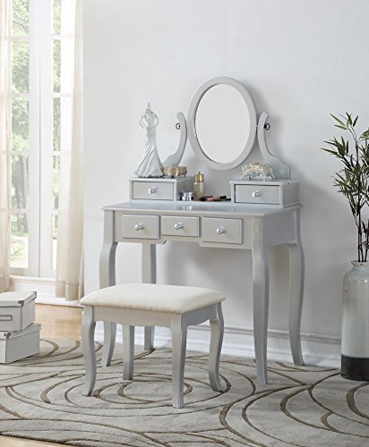 aphrophina Stylish Makeup Vanity Table and Stool Set with Adjustable Mirror and Ample Storage, Silver Finish