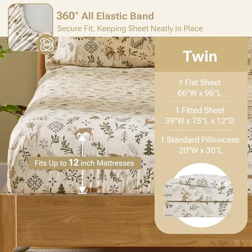 Sleep Philosophy True North 100% Cotton Flannel Sheets Twin Size, Cozy Flannel Sheet Set Brushed for Extra Softness, Heavyweight Novelty Print Warm Flannel Bedding Set, Tan Woodland Winter 3 Piece