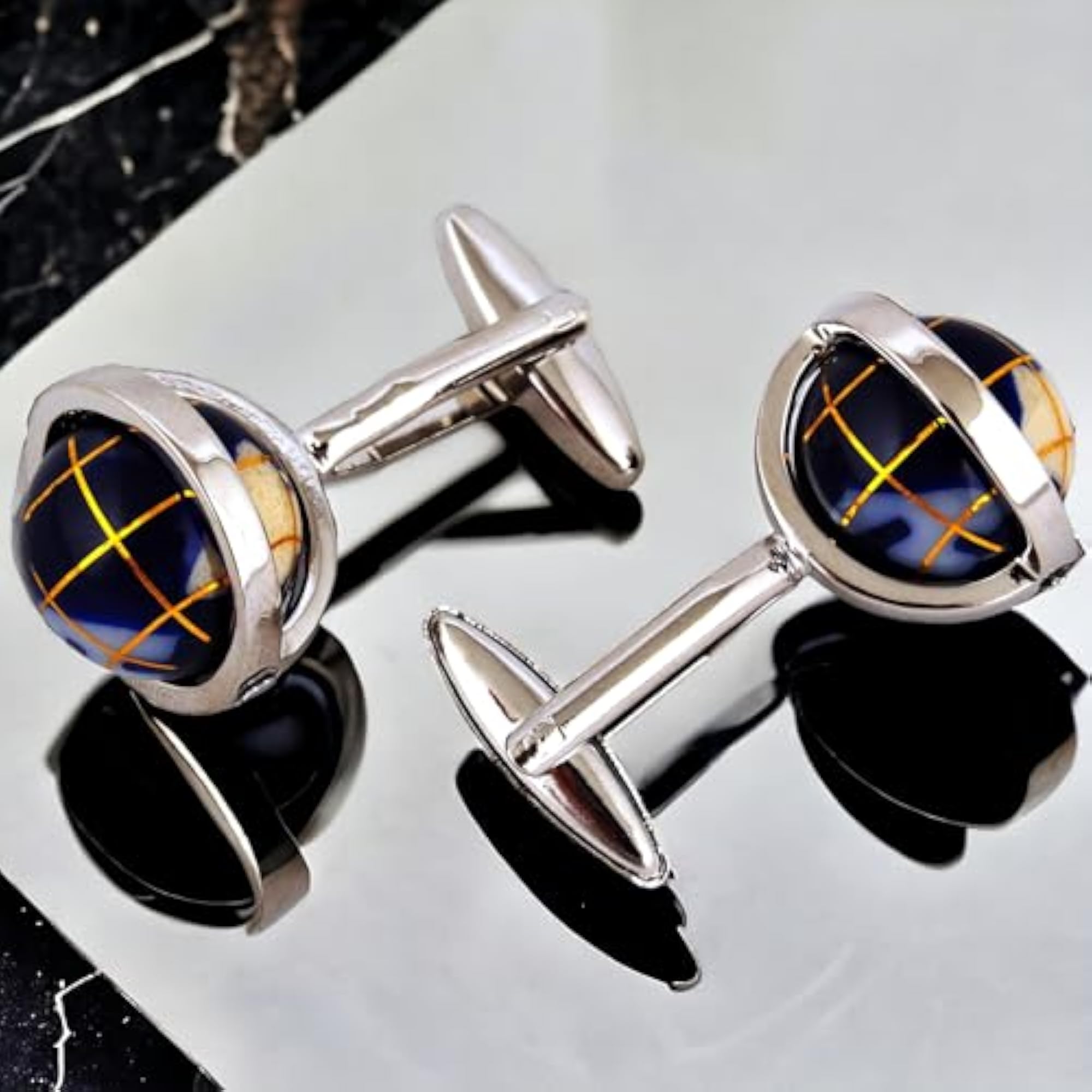 Men's Silver Plated Blue Globe Design Cufflinks
