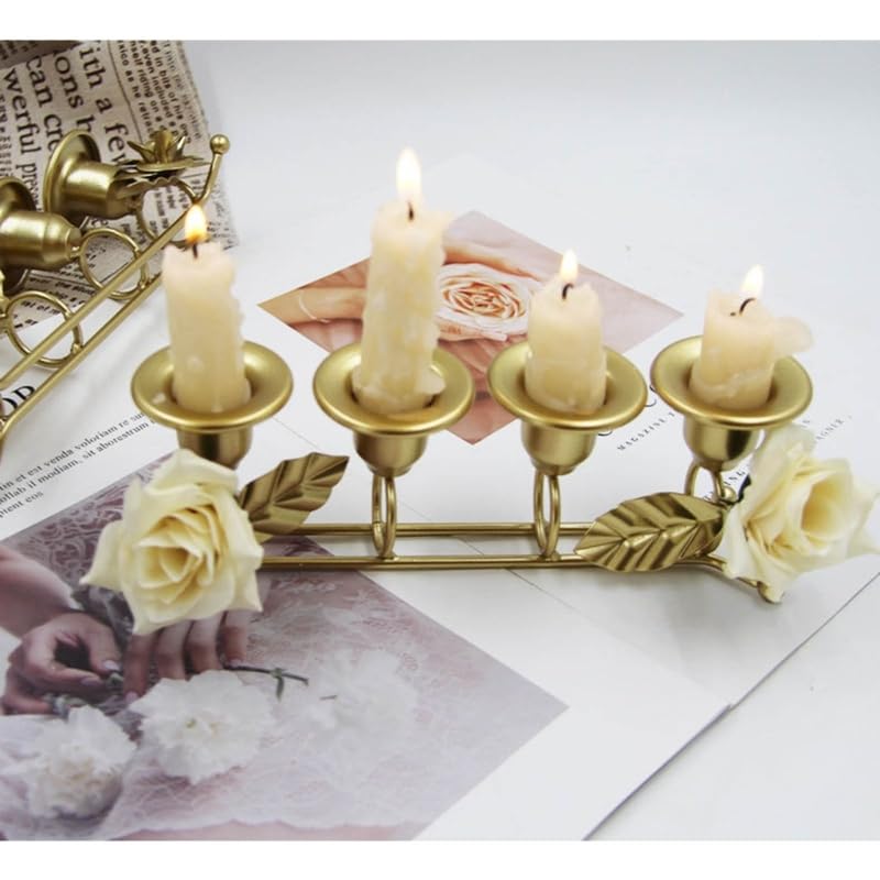 Candeliere in ferro battuto a 4 bracci, ornamenti per candelieri floreali per tavolo da pranzo nuziale, cena romantica, decorazioni per la casa (fiore in tessuto)