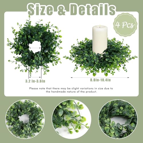 Image of Mini Green Boxwood Candle Rings Wreaths Spring Summer Kitchen Cabinet Swags Wreath 3 Inch Wedding Rings Wreaths Pillar Candle Holder for Wedding Home Door Tabletop Decor (4, Green Boxwood)