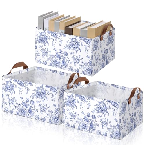 Boao 3 Pcs Blue Floral Storage Bin Wildflowers Collapsible Large Storage Baskets for Gifts Canvas Laundry Basket Foldable Box with Handle for Office Home Bedroom Clothes