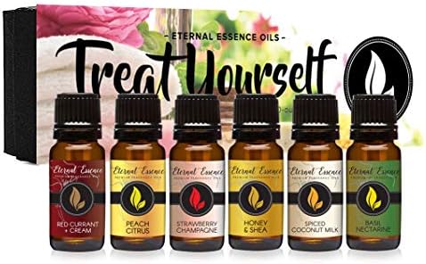 Treat Yourself - Gift Set of 6 Premium Fragrance Oils - Red Currant & Cream, Strawberry Champagne, Spiced Coconut Milk, Peach Citrus, Honey & Shea, Basil Nectarine