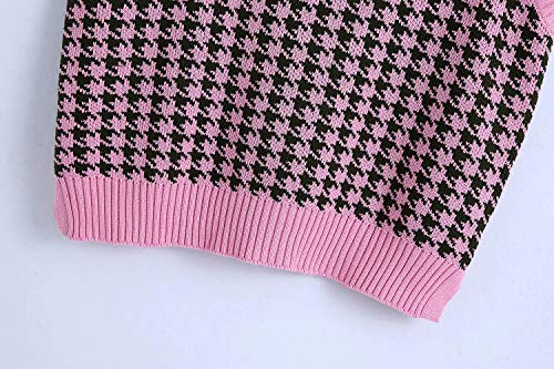 Image of WFHFNJW Women Houndstooth Pattern Knit Sweater Vest Sleeveless Loose V-Neck 90s Waistcoat Pullover Knitwear Top