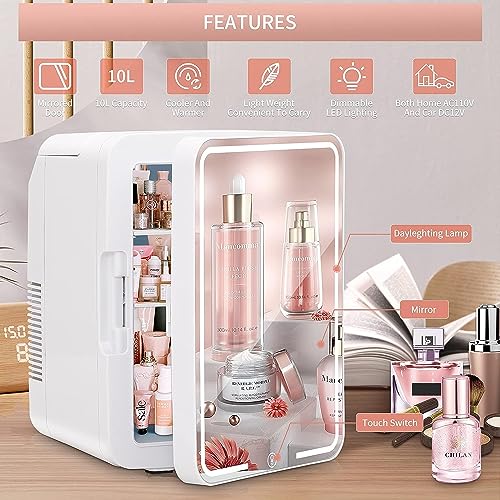Image of KINZILLA Skincare Fridge with Mirror and Lighting, 4L Mini Fridge Beauty Cooler for Storing Make-Up, Skincare, Coolers and Face Masks, Cooling and Heating
