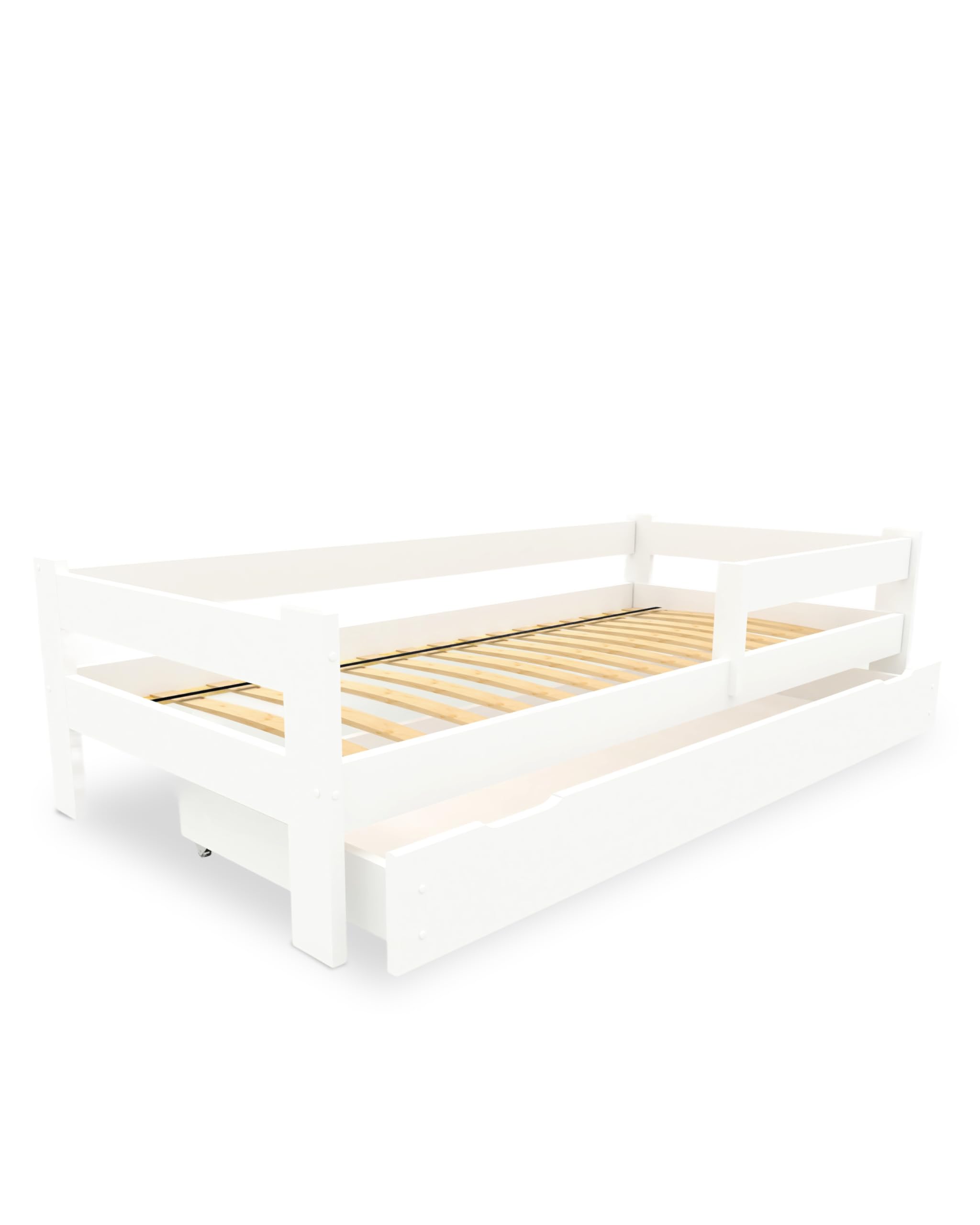 EcoBeds ALA Kinderbett 90x200 cm Kiefer Massivholz bis 150 kg | Weiß - mit Rausfallschutz, Lattenrost und Schublade zur Aufbewahrung, für Kinder und Jugendliche, einfache Montage