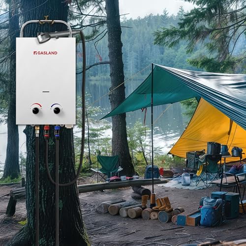 GASLAND BS158 Outdoor Portable Gas Water Heater 1.58GPM, 6L Propane Tankless Water Heater for RV Camping Cabin Boat, Overheating Protection, Easy to Install, White
