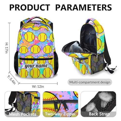 School Backpack for Girls, Softball Backpacks with Lunch Box Matching Combo for Elementary Preschool Middle School, Colorful Large Capacity Bookbag and Pencil Case Bundle for Kids Students2