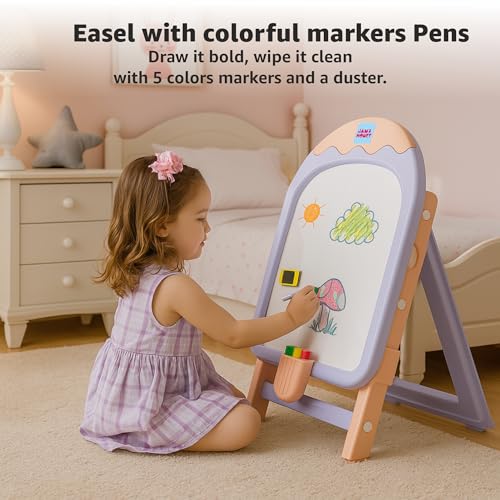 Image of Amazon Brand - Jam & Honey Ice Cream Easel Board Set for Kids | Magnetic Board with Accessories | Activity Table & Chair | Adjustable Height | Foldable | Age 2-5 Years