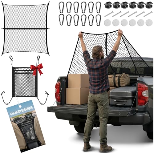 HOLDYNX Ultra-Secure Cargo Net for Pickup Truck Bed Elastic Cargo Net for Securing Loads Includes Car Mesh Organizer 12 Carabiners and 12 Hooks Truck Bed Net 4 x 4 ft Stretches Up to 7 x 7 ft