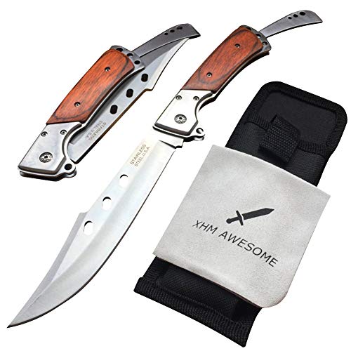 XHM Awesome Folding Knife Large 10.8-inch, Pocket Knives for Men, Hunting, Camping, Fishing, Survival, Hiking, Self Defense, Wood Handle (with Nylon Sheath)