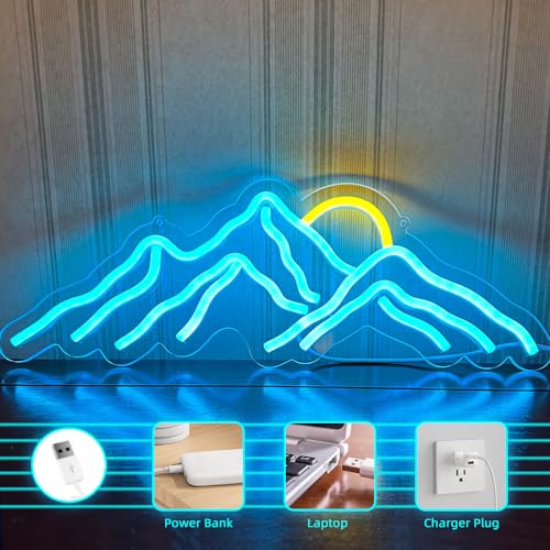 Image of Mountain Sunset Neon Signs for Room Decor LED Signs For Bedroom Wall Neon Lights for Home Party Wedding Christmas Decorations USB Powered(Ice Blue)