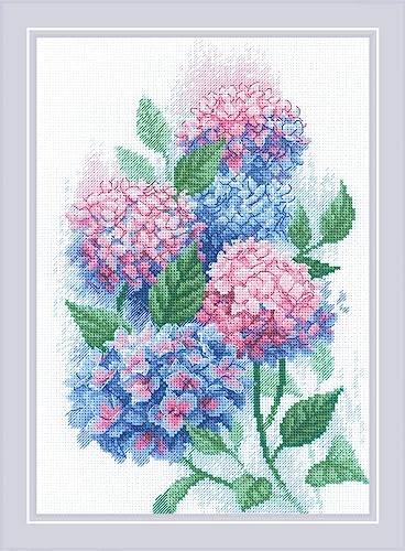 Image of RIOLIS - Graceful Hydrangeas 2139, Cross Stitch Kits 8 inch x 11 inch, Cross Stitch Kits for Adults, Floral Counted Cross Stitch Kits, Embroidery Kit for Beginners & Advanced, Crossstitching Kits