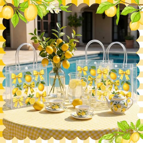 Image of Teenyyou 24 Pcs Lemon Clear Gift Bags with Handles Yellow Bow Lemon Print Transparent Tote Bags Reusable PVC Candy Treat Gift Container for Bridal Shower, Baby Shower, Wedding, Birthday Party Favors
