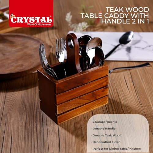 Image of Crystal Premium Handcrafted Wooden Cutlery /Spoon stand with Handle | Pure Teak Wood | Wooden Caddy with 2 sections | Multipurpose Cutlery Stand for Kitchen, Dining Table