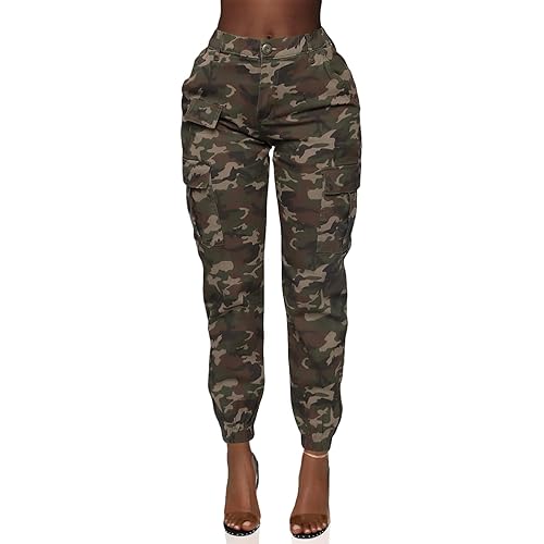 Double Denim Women's High Waist Jogger Pants - Casual Cargo Elastic Waistband Sweatpants Tapered Fatigue with 6 Pockets