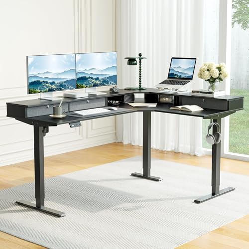 Image of CubiCubi 63x48 Inches L Shaped Standing Desk with 3 Drawers and Monitor Shelf, Height Adjustable Corner Computer Desk with Hooks, Sit Stand Up Ergonomic Home Office Workstation Table, Modern Black
