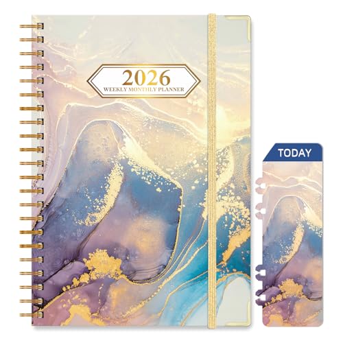 Knagsfa 2026 Planner, Jan.2026 - Dec.2026 Weekly Monthly Planner 6.25"x8.5" with Page Tabs, Calendar Hardcover with Inner Pocket, Elastic Band, Twin-Wire Binding, Bookmark, Blue Gold Marble