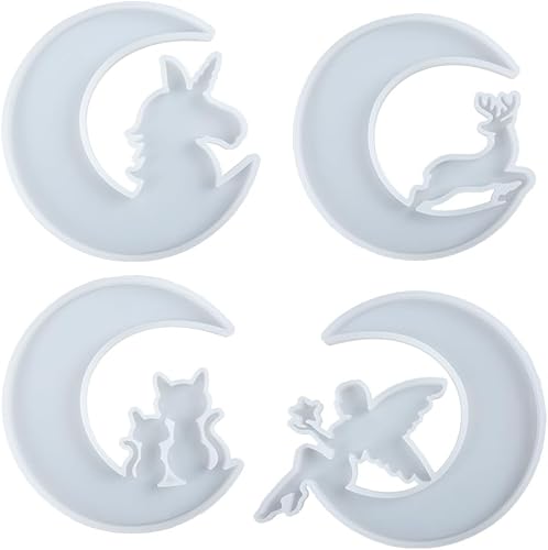 Miniatura 6 de Crescent Moon - Moldes de silicona de resina epoxi para ciervos y gatos, diseño de hadas, 4 unidades, tamaño grande de 5.2 pulgadas