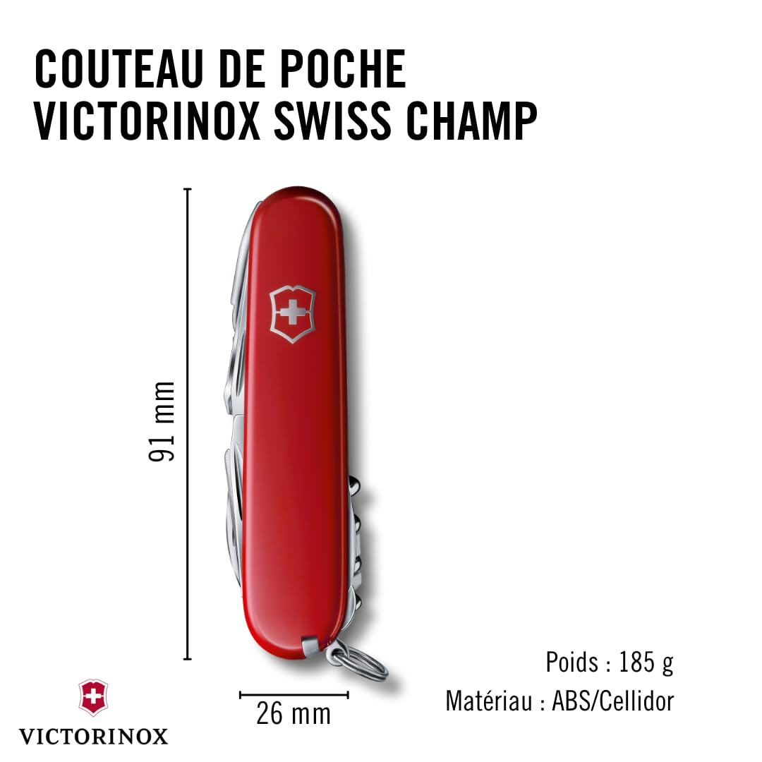 Victorinox Swiss Champ, Swiss Army Knife, Couteau de Poche Suisse, Léger, Multitool, 33 Fonctions, Lame, Ciseaux, Tire Bouchon, Rouge