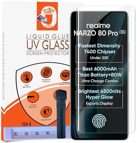 Image of STP FEEL HD+ UV Premium Tempered Glass Screen Protector Compatible For Realme Narzo 80 Pro 5G (6.72 Inch, Pack of 1) Full Adhesive UV Curved Case Friendly HD+ Clarity