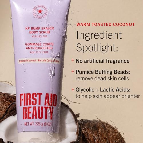 Image of First Aid Beauty KP Bump Eraser Body Scrub with 10% AHA - Dermatologist-Tested Keratosis Pilaris Exfoliator - Support for Rough Bumps, Uneven Skin Texture & Strawberry Skin - Sensitive Skin