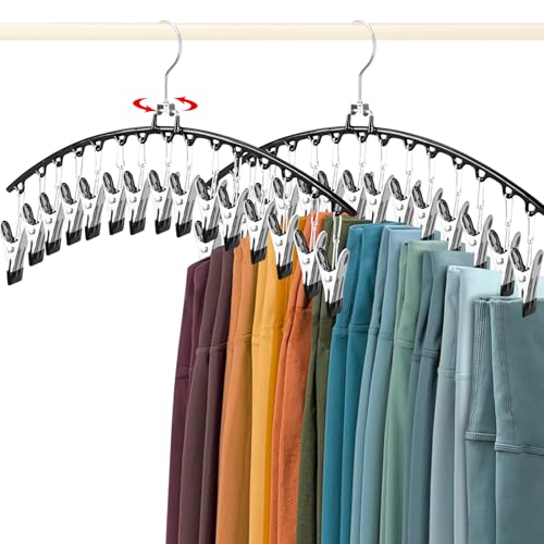 Leggings Organizer zum Aufhängen im Schrank, 360° drehbarer Haken, Hosenbügel mit 30 Clips, hält 30 Shorts/Röcke/Hüte, platzsparende Hosenbügel, Schrank-Organizer und Aufbewahrung, 2 Stück
