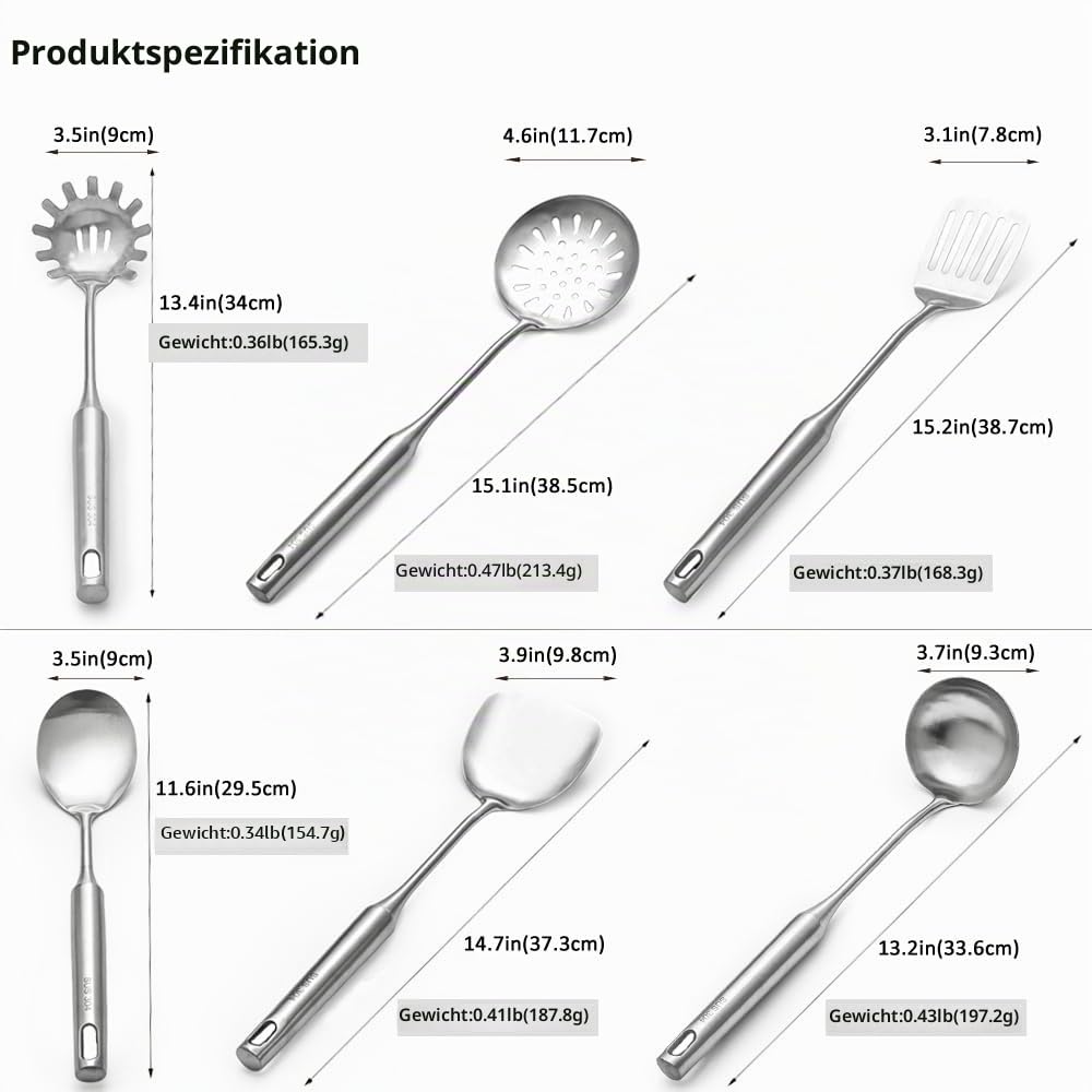 18/10 Edelstahl-Kochutensilien-Set, 6-teilig, langer Griff, Küchenhelfer, Spatel, Servierlöffel, auslaufende Schaufel, Nudellöffel, Küchenhelfer-Set (6-teiliges Set)