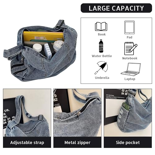 Women's Denim Shoulder Bag with Multi-Pockets Durable Jean Hobo Crossbody Bag for Daily Use Travel3